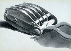 Koło pasowe używane w budownictwie kolejowym, 1833-38 (pióro i tusz oraz pranie na papierze) autorstwa John Cooke Bourne