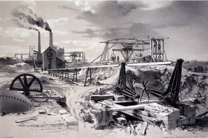 Pompy, szyb wentylacyjny, Kilsby Tunnel, Northamptonshire, 15 lipca 1837 (pióro i atrament oraz pranie na papierze) autorstwa John Cooke Bourne