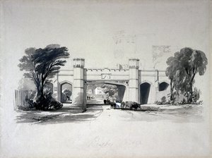 Mosty kolei rugby widziane z drogi, Warwickshire, kwiecień 1839 (pióro i atrament oraz pranie na papierze) autorstwa John Cooke Bourne