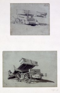 Dwa przykłady wagonów wywrotek wykonawców, lata 30. XIX wieku (pióro i atrament oraz pranie na papierze) autorstwa John Cooke Bourne