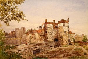 Widok na Tower of London, ukazujący Wieżę Byward, Wieżę Beauchamp, Wieżę Devereux i Wieżę Św. autorstwa John Crowther