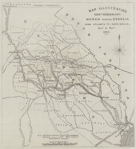 Mapa ilustrująca marsz generała Shermana przez Georgię z Atlanty do Savannah, listopad i grudzień 1864