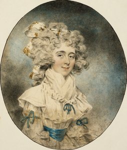 Portret pani Fisher, połowa długości, w białej sukni ozdobionej niebieskimi wstążkami, 1788