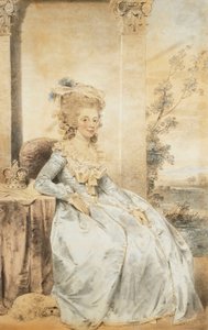 Portret królowej Charlotte, siedzącej przy stole z krajobrazem za nim, 1784