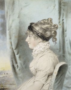 Portret damy, zidentyfikowanej jako Eliza Were Holdsworth, siedząca, do połowy długości, z profilu na lewo, w białej sukni i z czarną opaską do włosów, obok draperii, z widokiem na wybrzeże, 1804