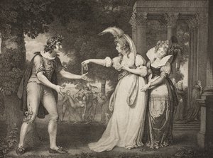 Trawnik przed pałacem książęcym, akt I, scena II, z „Jak wam się podoba”, z The Boydell Shakespeare Gallery, wydana pod koniec XIX wieku autorstwa John Downman