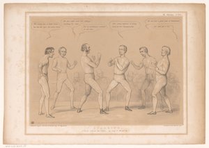 Spotprent spotkał Lorda Bentincka i Lorda Lyndhursta w een bokswedstrijd Sparing. Zestaw do bez rękawiczek, przy okazji nakręcania! (tytuł na obiekcie) HB Sketches (tytuł serii na obiekcie) autorstwa John Doyle