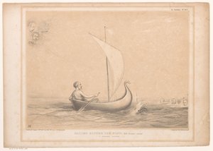 Spotprent spotkał Lorda Russella w een zeilboot Żeglując pod wiatr, Z Breakers przed sobą. Wąska ucieczka (tytuł na obiekcie) HB Sketches (tytuł serii na obiekcie) autorstwa John Doyle