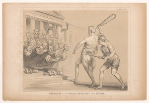Spotprent spotkał Wellington als Hercules Herkules, wspomagany przez Iolasa, atakuje (indyjską) Hydrę (tytuł na obiekcie) HB Sketches (tytuł serii na obiekcie) autorstwa John Doyle