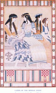 Damy dworu minojskiego, ilustracja z pubu Myths of Crete and Pre-Hellenic Europe. przez Gresham Publishing Company Limited 1920 (kolor lito) autorstwa John Duncan