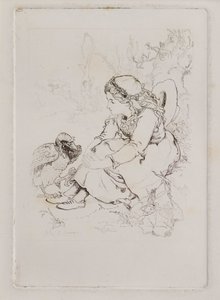 Siedząca dziewczyna i duży ptak (akwaforta) autorstwa John Duncan