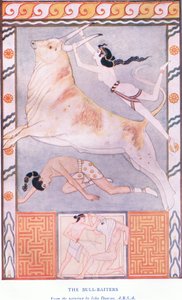 The Bull Baiters, ilustracja z pubu Myths of Crete and Pre-Hellenic Europe. przez Gresham Publishing Company Limited 1920 autorstwa John Duncan