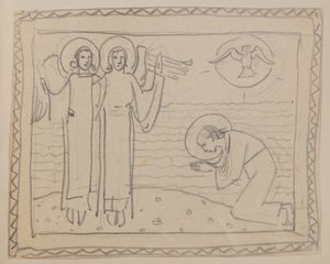 Bez tytułu [Klęcząca figura i dwa anioły] (ołówek) autorstwa John Duncan