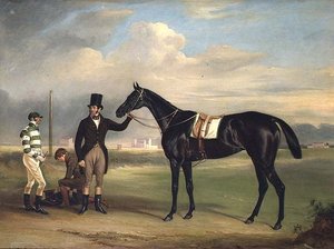 „Pussy”, ciemnobrązowy koń wyścigowy ze swoim trenerem, „Old John” Day, Mr T. Cosby i W. B. Day at Epsom (olej na płótnie)