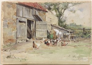 Karmienie kur, 1909 (wc na papierze) autorstwa John Edgar Mitchell