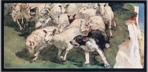 Owczarek bobtail i stado na klifach, ilustracja z „Pomocnicy bez rąk” Gladys Davidson, wydanej w 1919 r. (kolor litho) autorstwa John Edwin Noble