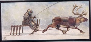Renifer i sanie, ilustracja z „Pomocnicy bez rąk” Gladys Davidson, wydanej w 1919 r. (kolor lito) autorstwa John Edwin Noble