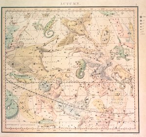 Wykres nieba: jesień, przedstawiający znaki zodiaku i pozycje gwiazd (grawerunek)