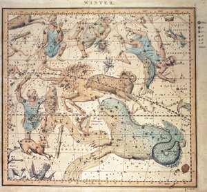Wykres nieba: zima, przedstawiający znaki zodiaku i pozycje gwiazd (grawerunek)