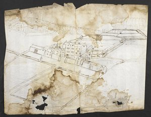 Dodać. 78610 (i) Perspektywa Wotton z ogrodem, grotą i okolicami od północnego zachodu, ok. 1650 (pióro i atrament na papierze) autorstwa John Evelyn