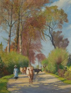Country Lane z figurą i krową (olej na pokładzie)