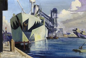 Dock Canada w Liverpoolu z zakotwiczonym okrętem wojennym, pomalowanym w kolorowy kamuflaż. Obraz autorstwa Herberta Barnarda Johna Everetta (1876-1949) autorstwa John Everett