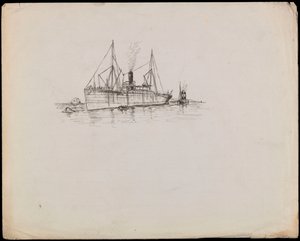PAH1225; Statek parowy w pobliżu wybrzeża z holownikiem obok. Liniowiec pasażerski z holownikiem i parowiec wiosłowy Tilbury w pobliżu (rysunek) autorstwa John Everett