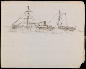 PAH1228; Szkice pancernika i dwóch innych okrętów Królewskiej Marynarki Wojennej (rysunek) autorstwa John Everett