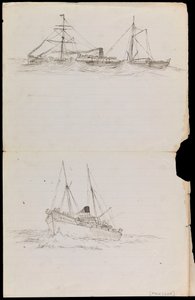 PAH1228; Szkice pancernika i dwóch innych okrętów Królewskiej Marynarki Wojennej (rysunek) autorstwa John Everett