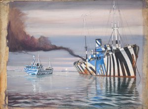 S.S. Lepanto i inny statek parowy, oba olśniewająco pomalowane, zakotwiczone na spokojnej wodzie
