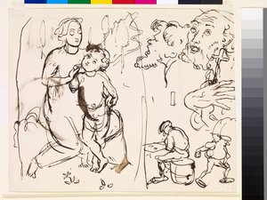 Arkusz studiów karykaturalnych stylu postrafaelowskiego, 1853 autorstwa John Everett Millais