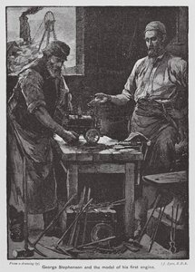 George Stephenson i model jego pierwszego silnika (kolorowa litografia) autorstwa John Eyre