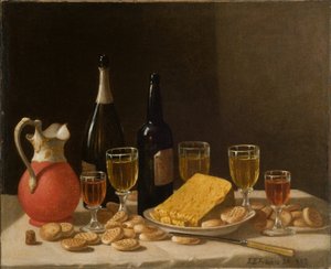 Martwa natura z butelkami, winem i serem 1857 (olej na płótnie)