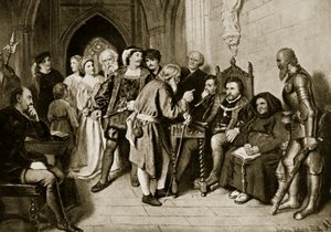 Jakub IV na radzie przed bitwą pod Flodden, 1513, ilustracja z „Hutchinson