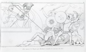 Ajax odpiera trojany, którzy chcą spalić greckie statki. Rysunek Johna Flaxmana (1755 - 1826). Iliada Homera. Śpiew XV. autorstwa John Flaxman
