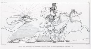 Apollo, bóg Słońca, aby zachować ciało Hektora, okrywa go całkowicie swoją złotą egidą. Śpiew XXIV. Rysunek Johna Flaxmana (1755 - 1826). Iliada Homera. autorstwa John Flaxman