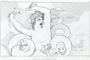 Epizod Charybdy i Scylli: sześciu towarzyszy Ulissesa zostaje pożartych. Rysunek Johna Flaxmana (1755 - 1826). Odyseja Homera. Pieśń XII.