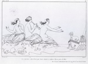 Syreny swoją pieśnią starają się przyciągnąć Ulissesa. Rysunek Johna Flaxmana (1755 - 1826). Odyseja Homera. Pieśń XII.