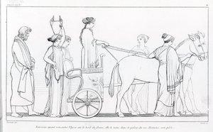 Nausicaa, który właśnie poznał Ulissesa, zabiera go z powrotem do pałacu jego ojca, króla Alkinoosa. Rysunek Johna Flaxmana (1755 - 1826). Odyseja Homera. Pieśń VI.