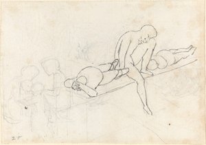 Siedzący mężczyzna otoczony dwiema leżącymi postaciami; Grupka figur w lewym dolnym rogu autorstwa John Flaxman