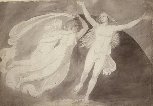 Wniebowstąpienie duszy (ołówek, długopis i tusz z szarym washem na papierze) autorstwa John Flaxman