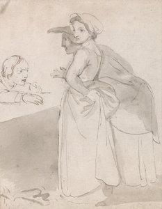 Dwie kobiety rozmawiają z mężczyzną przy ladzie autorstwa John Flaxman