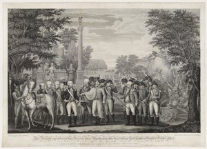 Brytyjczycy poddają broń Gen: Washington po klęsce pod York Town w Wirginii w październiku 1781 r. autorstwa John Francis (after) Renault