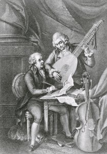 Portret Franza Josepha Haydna (1732-1809) i Wolfganga Amadeusza Mozarta (1756-91) komponujących muzykę na lutnię, sztychowany przez Michele Benedetti (1745-1810)