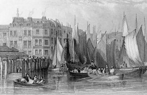 Billingsgate, ilustracja w „History of London: Illustrated by views of London and Westminster” autorstwa Johna Woodsa, grawerowana przez Johna Woodsa, opublikowana w 1838 r.