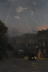 Nalot Zeppelinów, 8 października 1915, ok. 1915-18 (olej na płótnie) autorstwa John Fraser