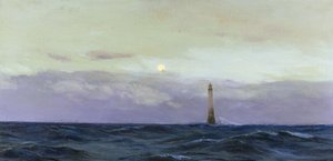 Latarnia morska Wolf Rock, skalista wyspa u wybrzeży Kornwalii (Anglia). Olej na płótnie autorstwa Johna Frasera ()