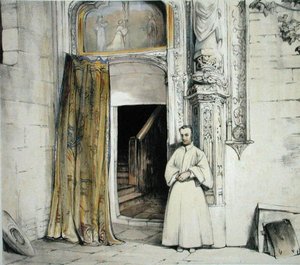 Klasztorne drzwi, Toledo, ze „Szkiców Hiszpanii”, rytowane przez Charlesa Josepha Hullmandela (1789-1850) wydane w 1836 r. (kolor lito)
