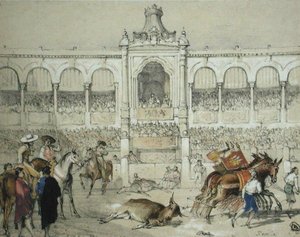 Sewilla Walka Byków: Usunięcie martwego byka z ringu, ze „Sketches of Spain”, rytowane przez Charlesa Josepha Hullmandela (1789-1850), opublikowane 1836 (kolor lito)