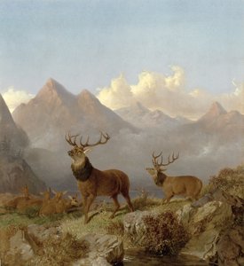 Jelenie i łapy w górskim krajobrazie, 1864 autorstwa John Frederick Herring Junior